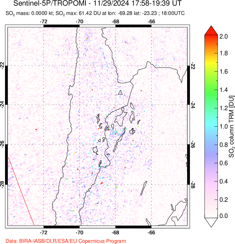 A sulfur dioxide image over Northern Chile on Nov 29, 2024.