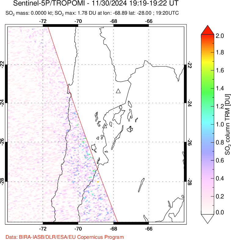 A sulfur dioxide image over Northern Chile on Nov 30, 2024.