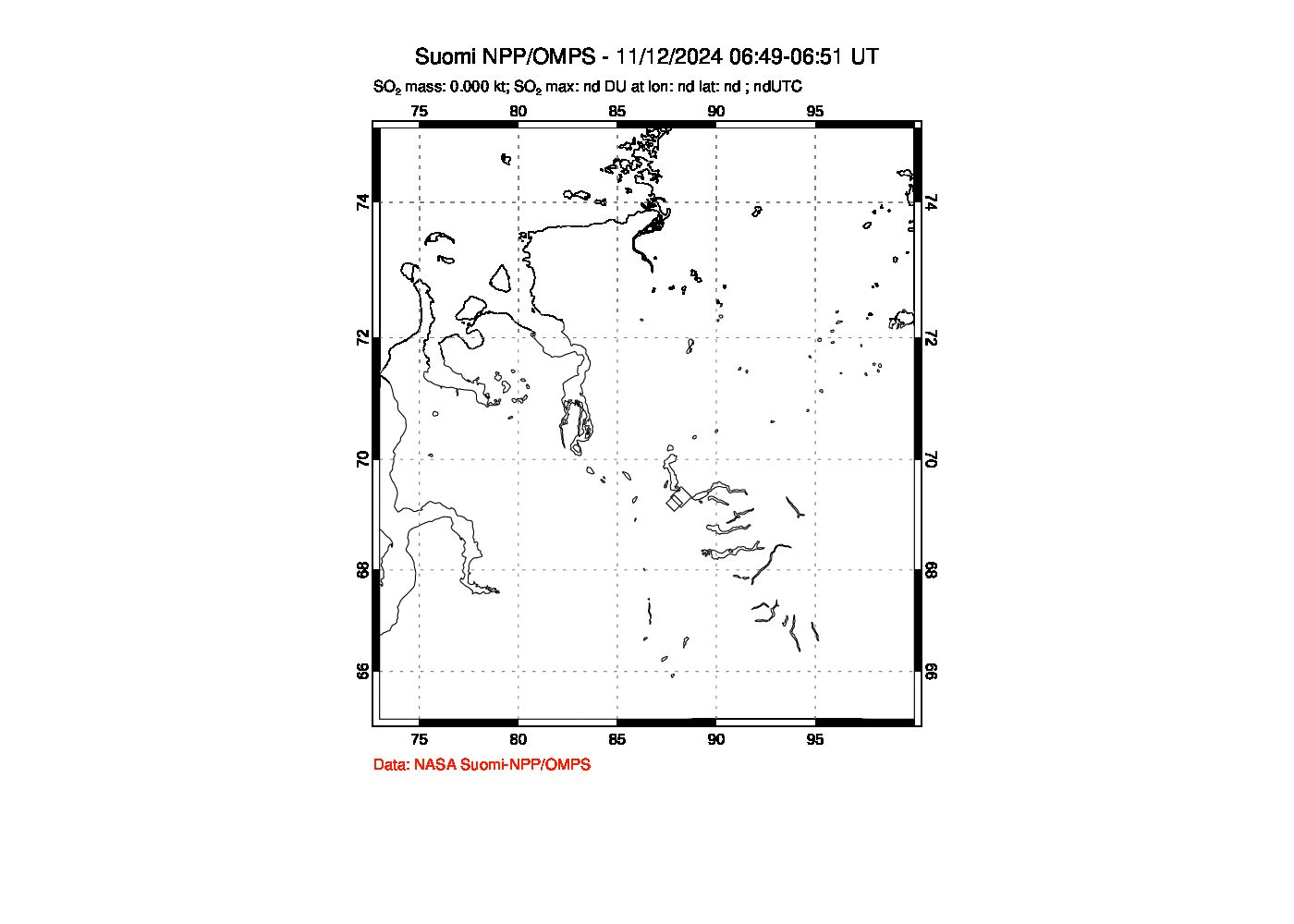 A sulfur dioxide image over Norilsk, Russian Federation on Nov 12, 2024.