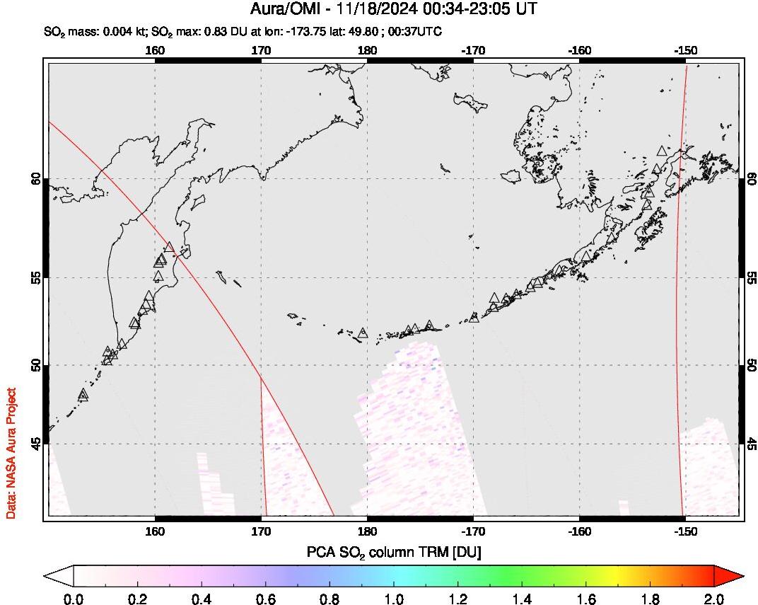 A sulfur dioxide image over North Pacific on Nov 18, 2024.