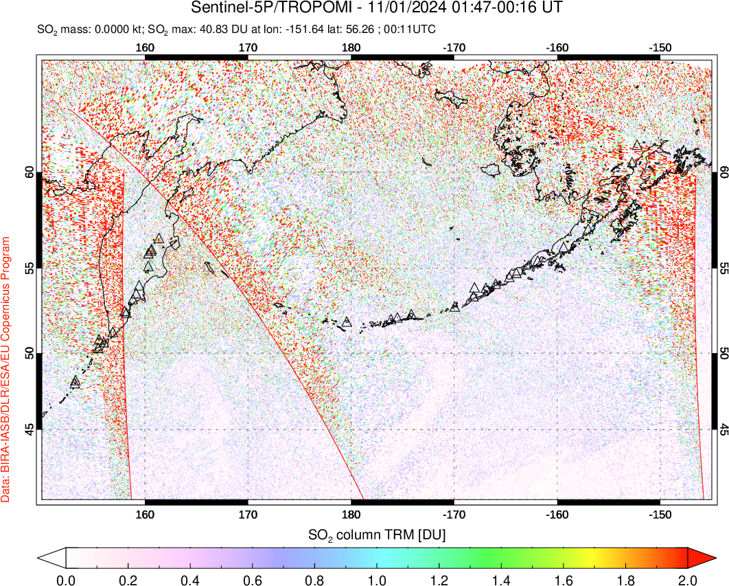 A sulfur dioxide image over North Pacific on Nov 01, 2024.