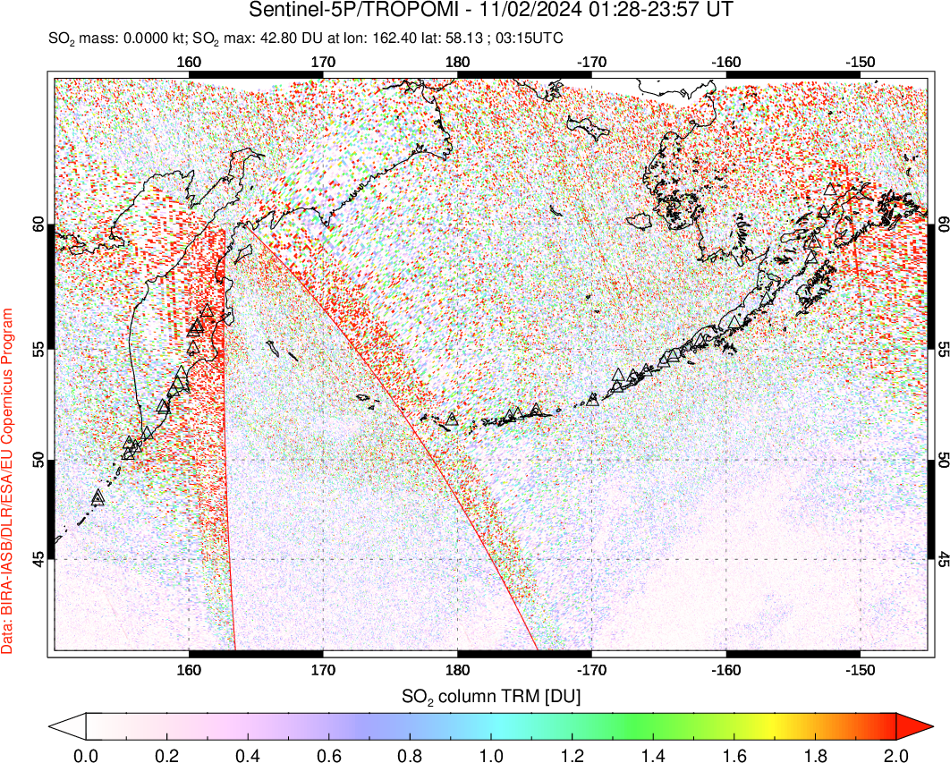 A sulfur dioxide image over North Pacific on Nov 02, 2024.