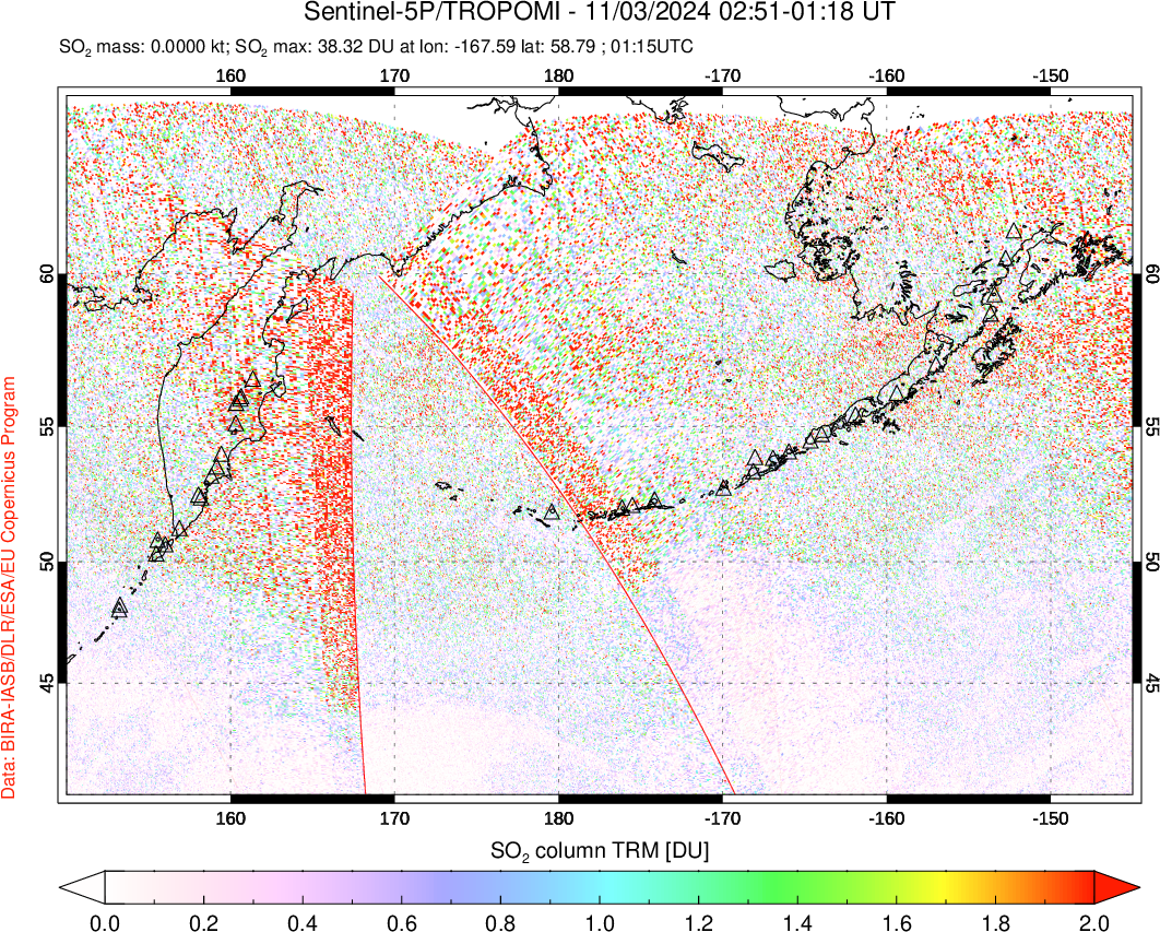 A sulfur dioxide image over North Pacific on Nov 03, 2024.