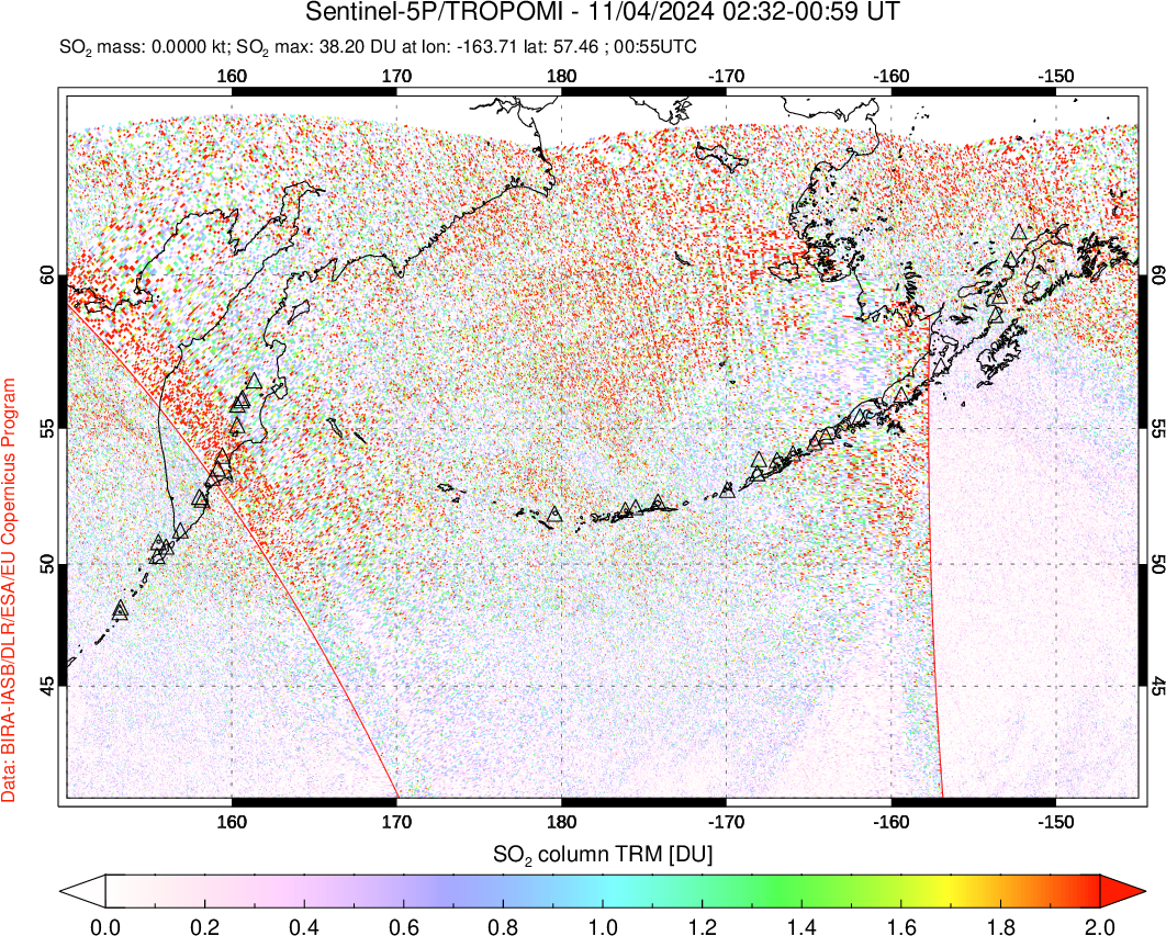 A sulfur dioxide image over North Pacific on Nov 04, 2024.