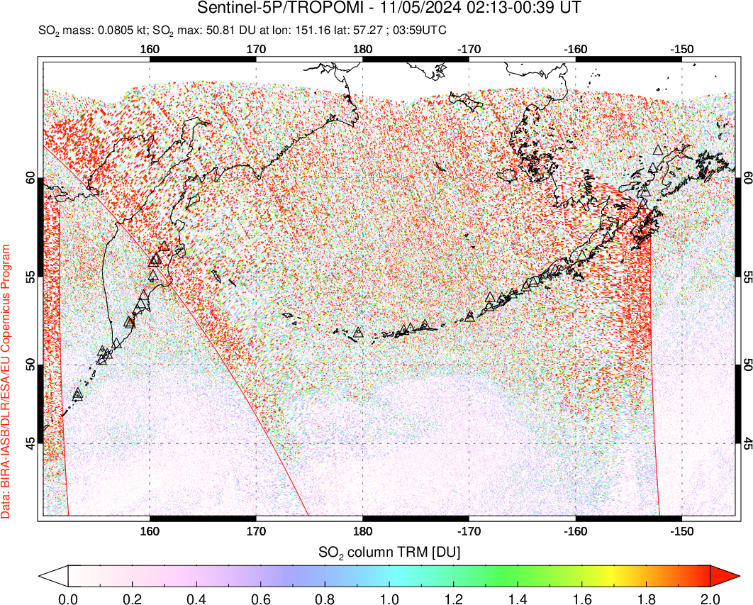 A sulfur dioxide image over North Pacific on Nov 05, 2024.