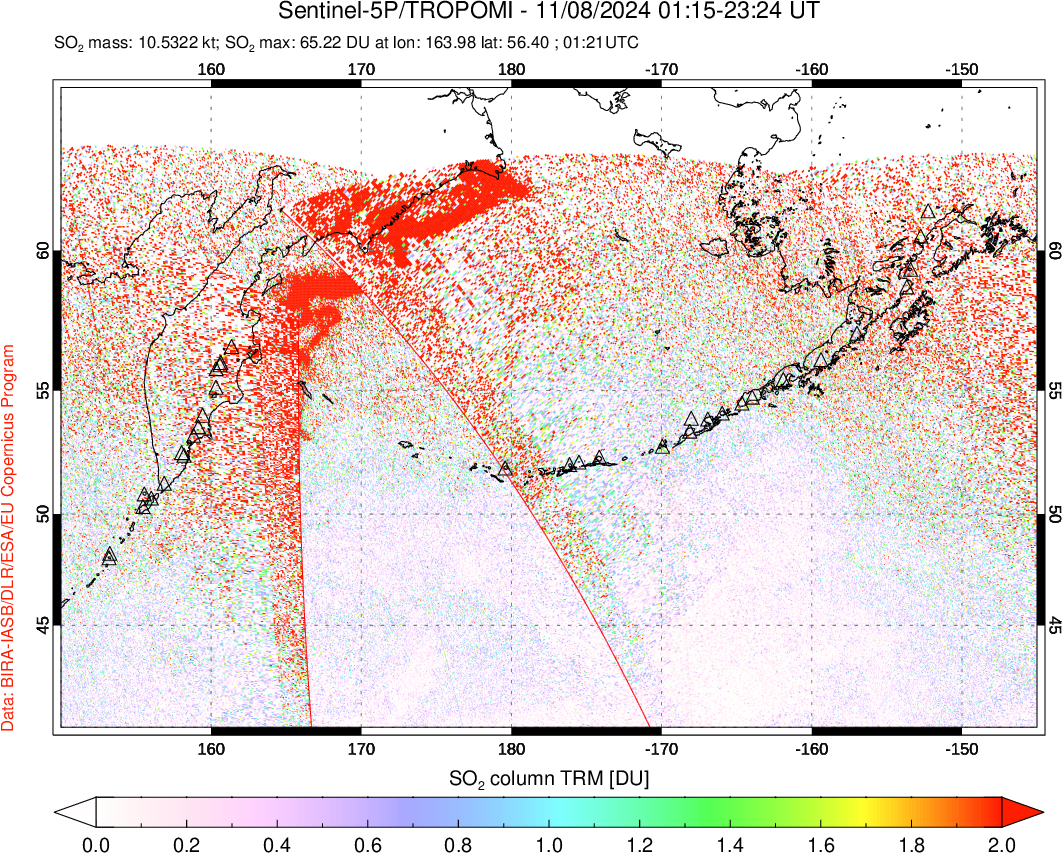 A sulfur dioxide image over North Pacific on Nov 08, 2024.