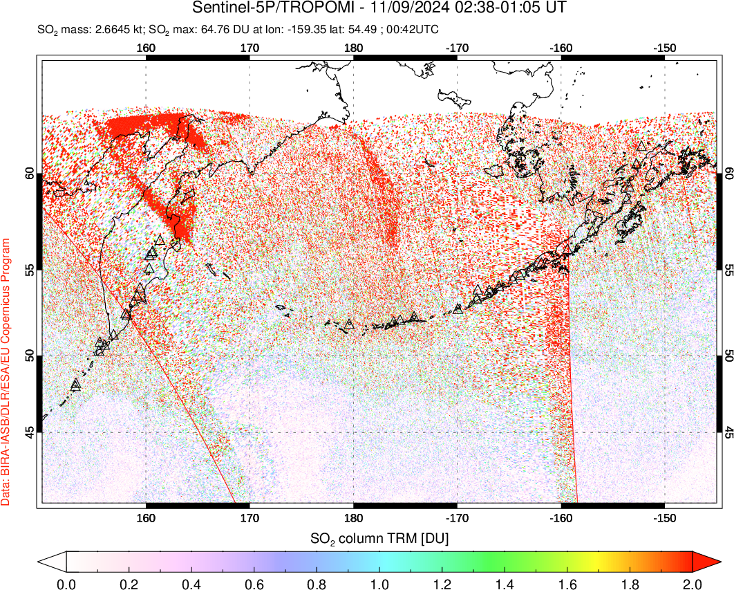 A sulfur dioxide image over North Pacific on Nov 09, 2024.