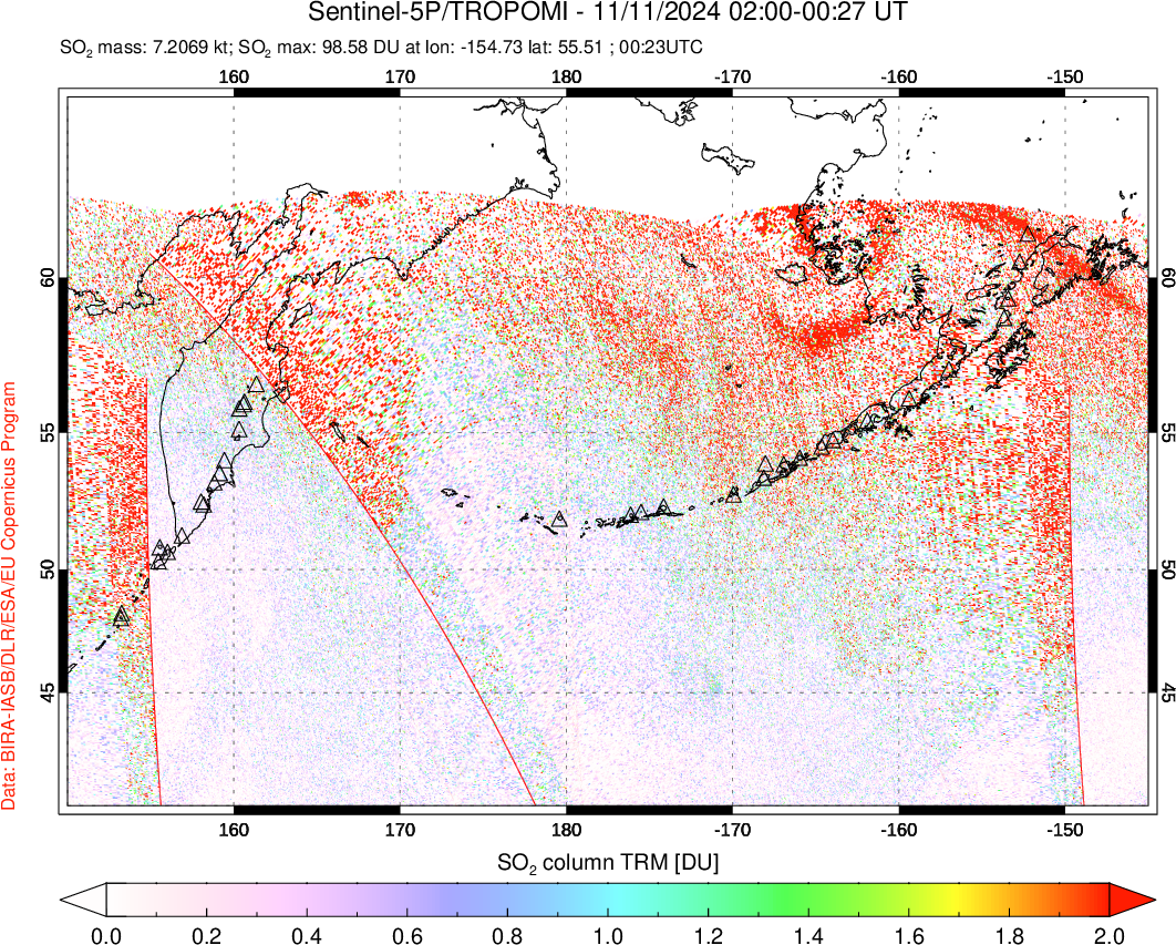 A sulfur dioxide image over North Pacific on Nov 11, 2024.