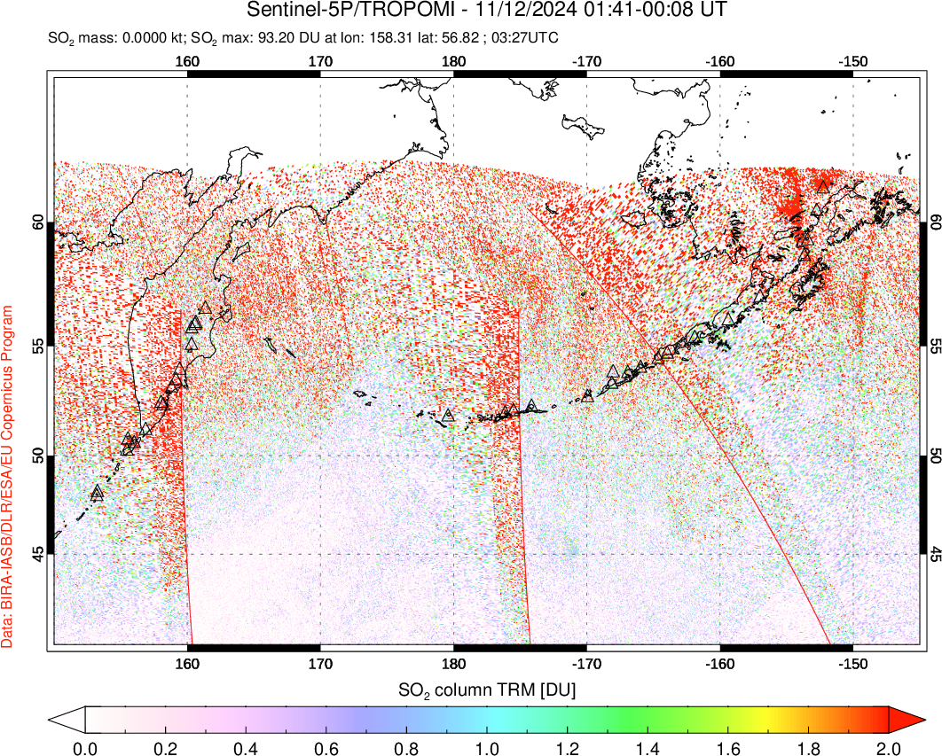 A sulfur dioxide image over North Pacific on Nov 12, 2024.