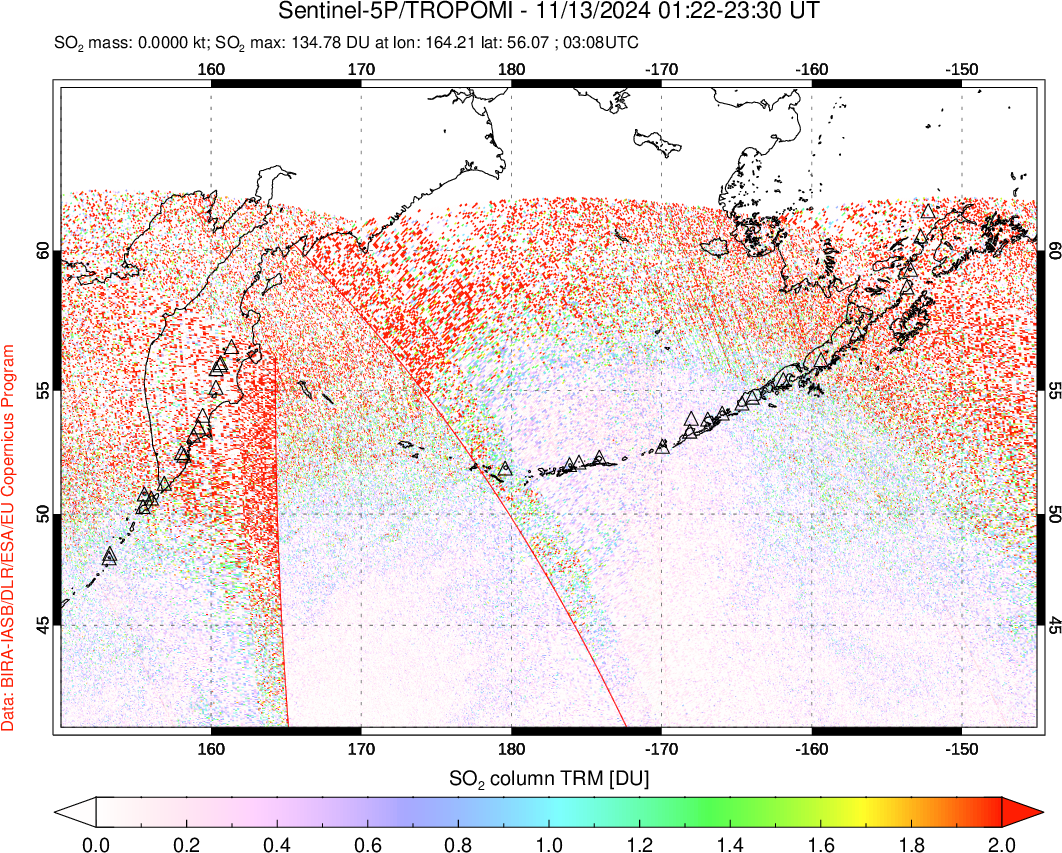 A sulfur dioxide image over North Pacific on Nov 13, 2024.