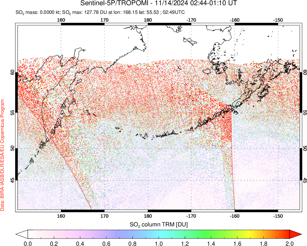 A sulfur dioxide image over North Pacific on Nov 14, 2024.