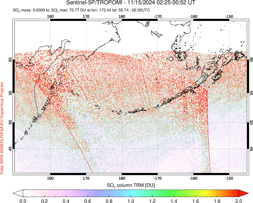 A sulfur dioxide image over North Pacific on Nov 15, 2024.