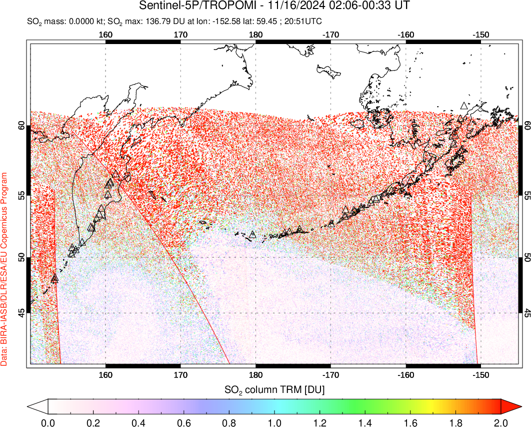 A sulfur dioxide image over North Pacific on Nov 16, 2024.