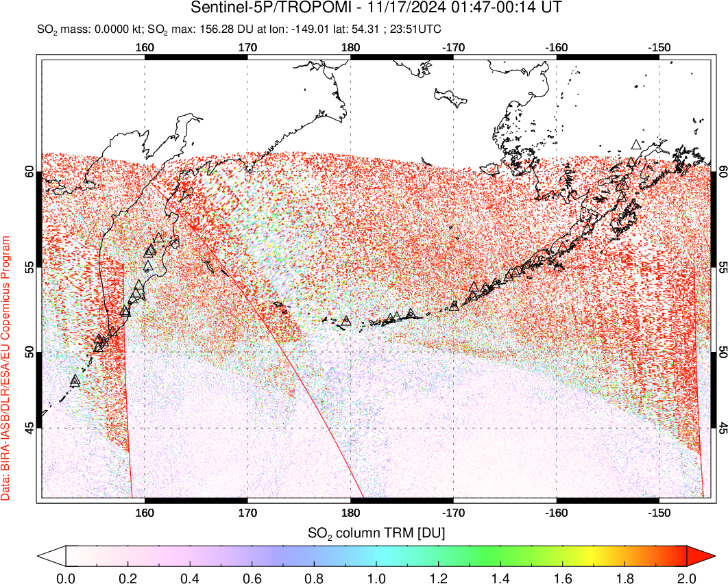 A sulfur dioxide image over North Pacific on Nov 17, 2024.