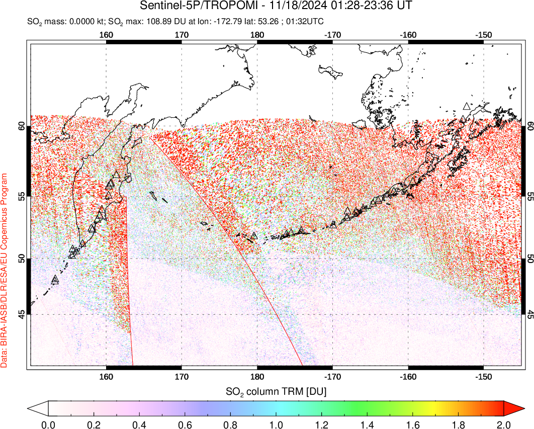 A sulfur dioxide image over North Pacific on Nov 18, 2024.