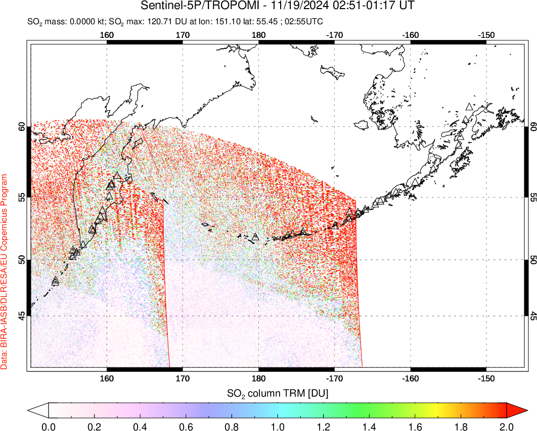 A sulfur dioxide image over North Pacific on Nov 19, 2024.