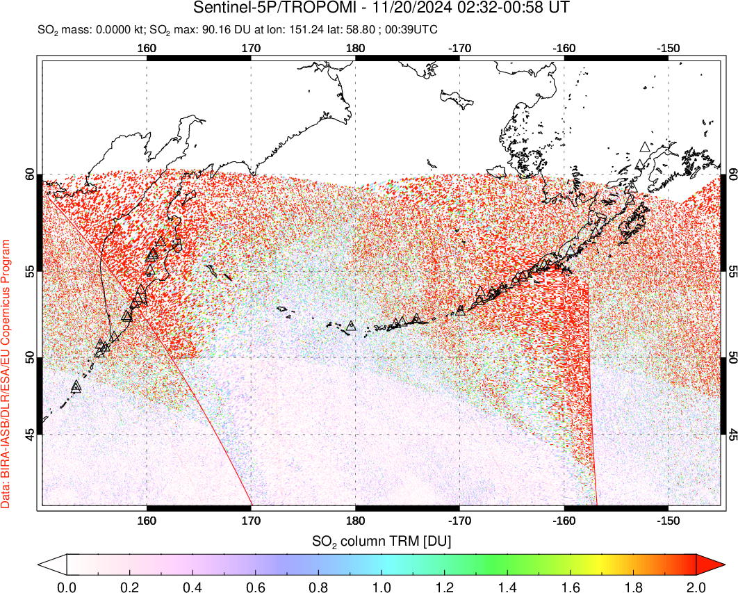 A sulfur dioxide image over North Pacific on Nov 20, 2024.