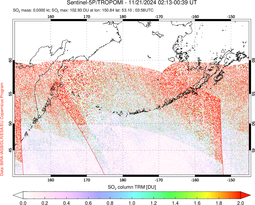 A sulfur dioxide image over North Pacific on Nov 21, 2024.