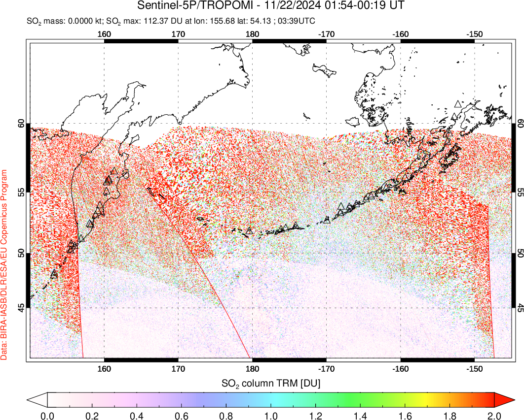 A sulfur dioxide image over North Pacific on Nov 22, 2024.