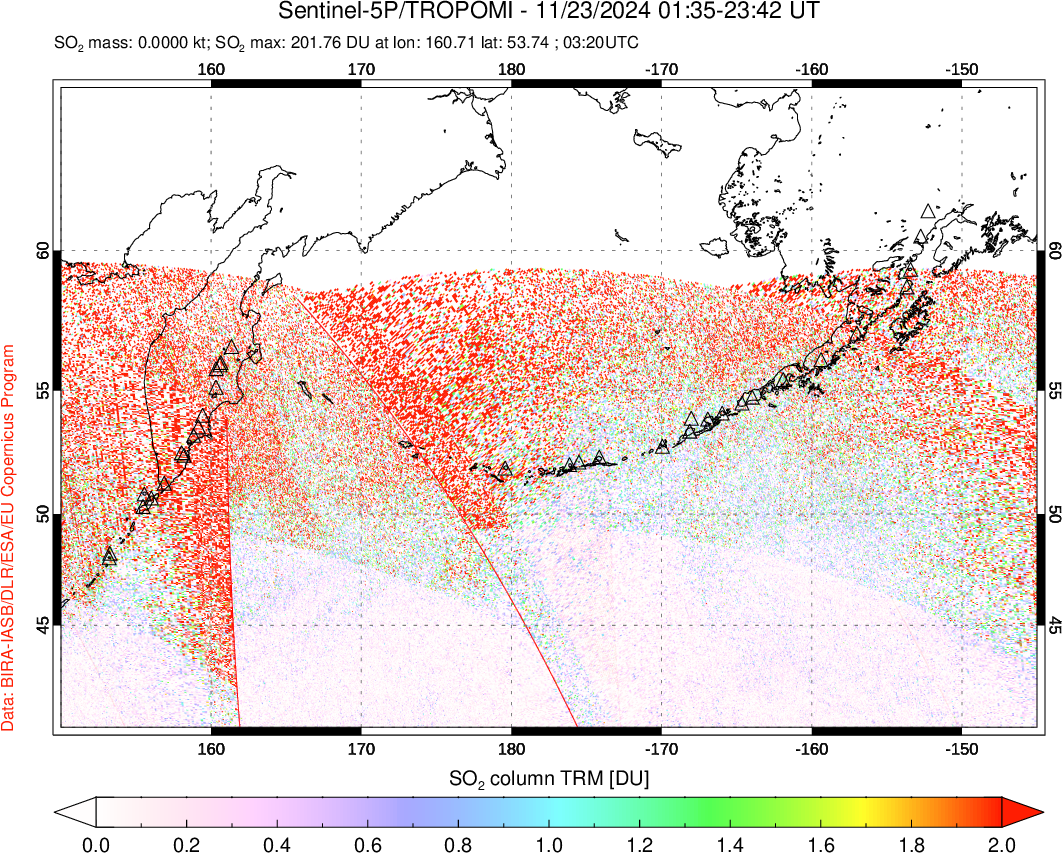 A sulfur dioxide image over North Pacific on Nov 23, 2024.