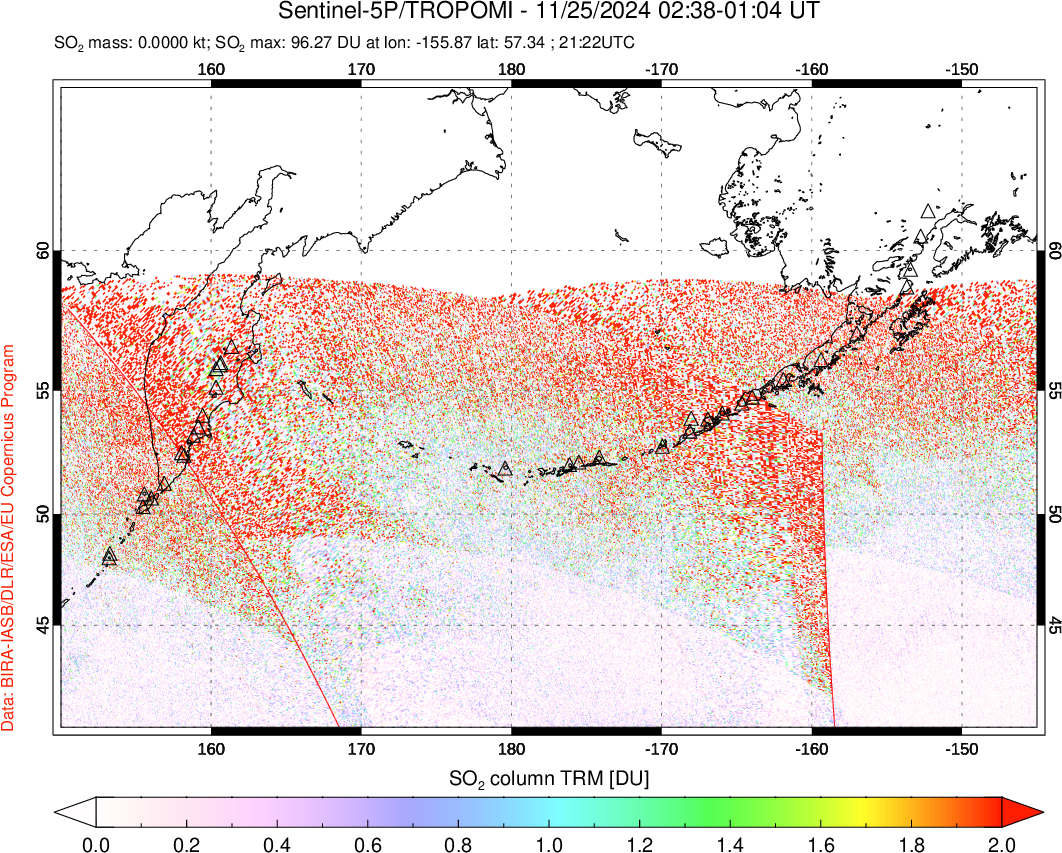 A sulfur dioxide image over North Pacific on Nov 25, 2024.