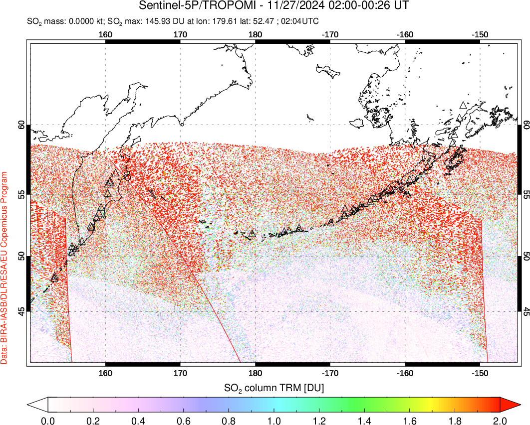 A sulfur dioxide image over North Pacific on Nov 27, 2024.