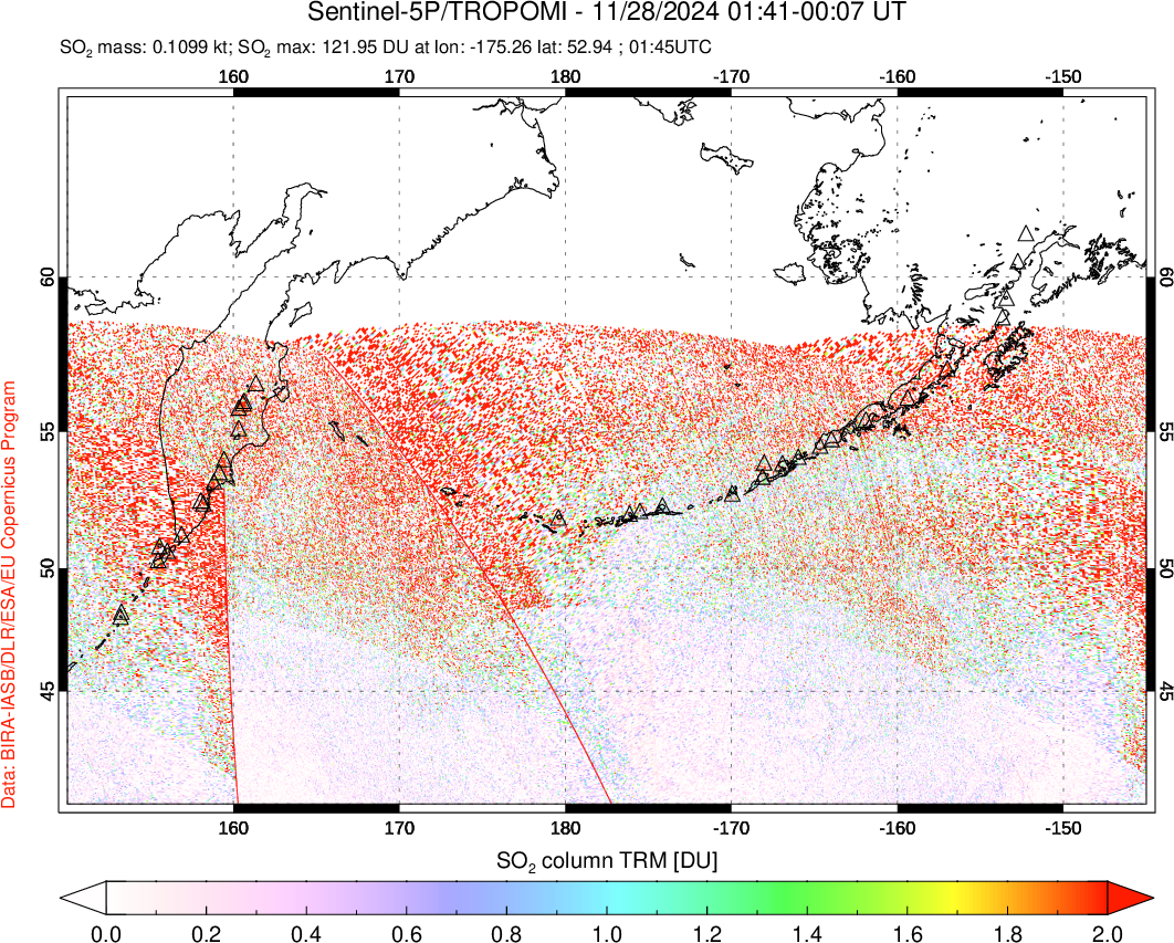 A sulfur dioxide image over North Pacific on Nov 28, 2024.