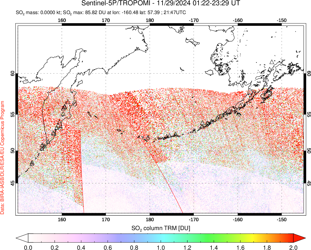 A sulfur dioxide image over North Pacific on Nov 29, 2024.