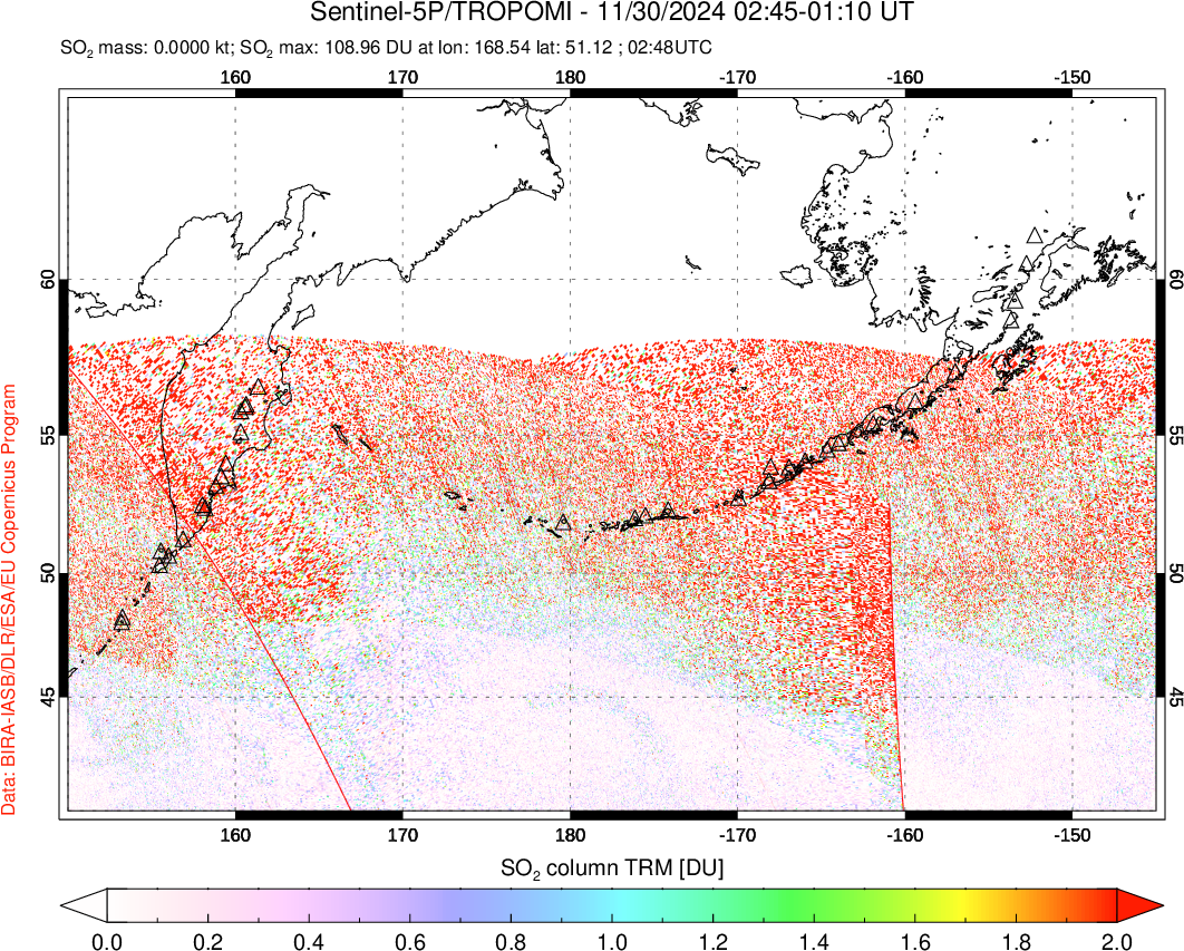 A sulfur dioxide image over North Pacific on Nov 30, 2024.