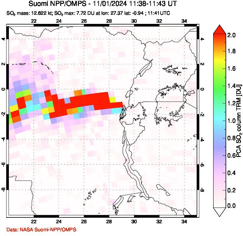 A sulfur dioxide image over Nyiragongo, DR Congo on Nov 01, 2024.