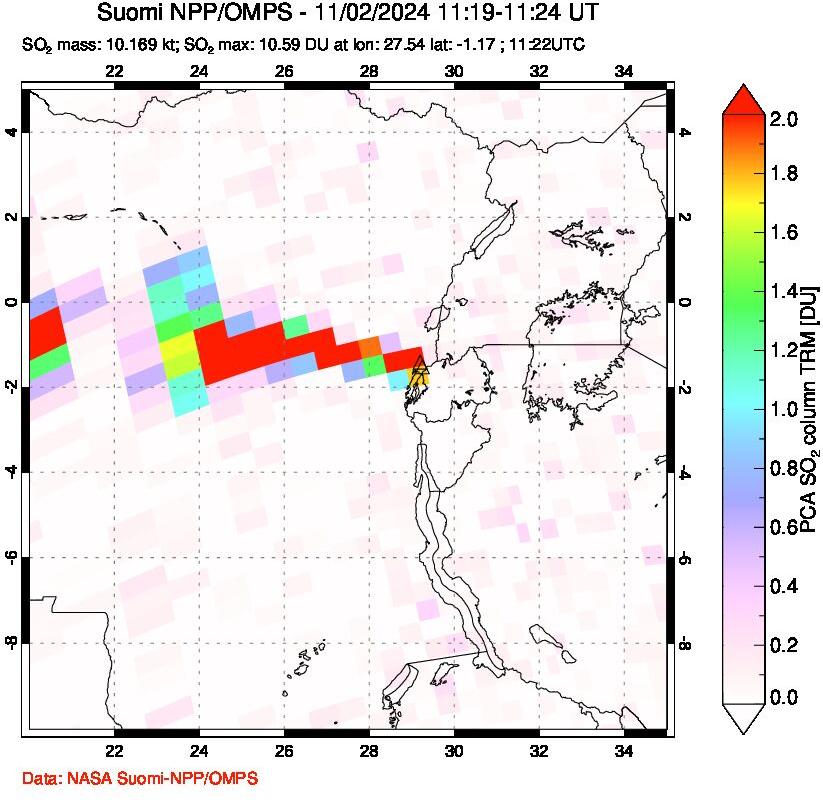 A sulfur dioxide image over Nyiragongo, DR Congo on Nov 02, 2024.