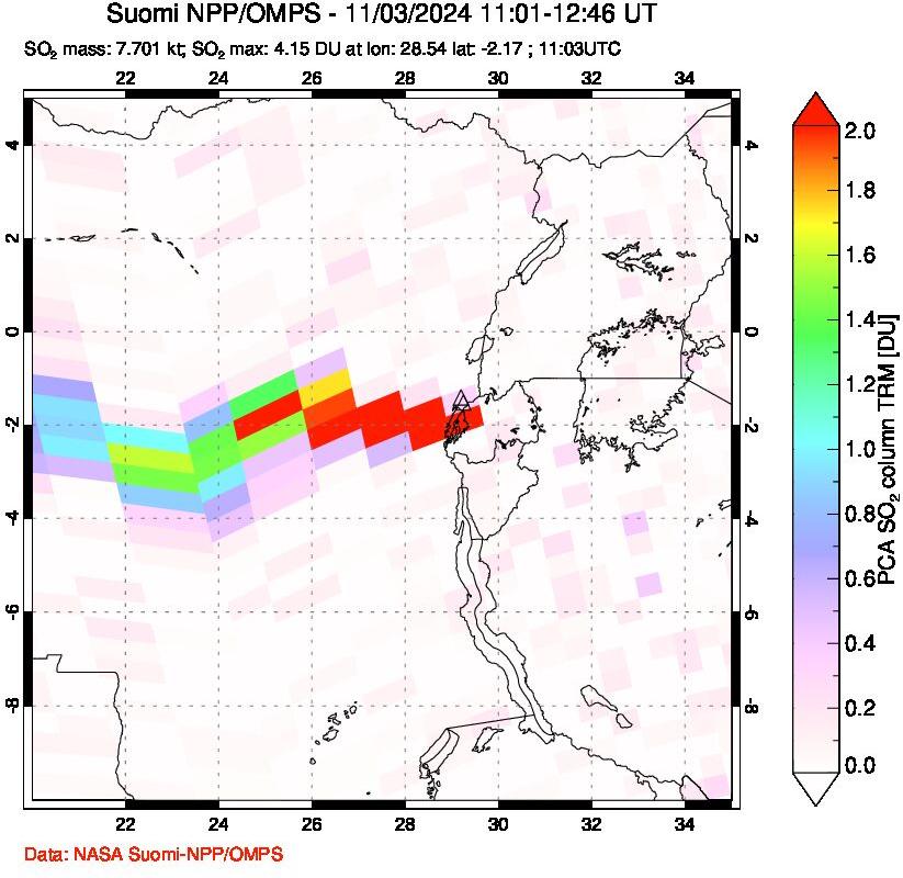 A sulfur dioxide image over Nyiragongo, DR Congo on Nov 03, 2024.