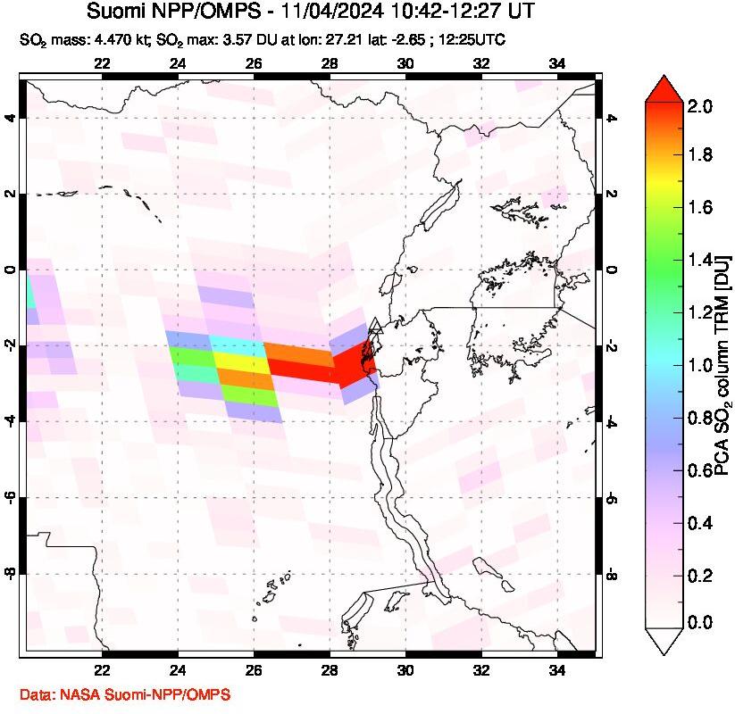 A sulfur dioxide image over Nyiragongo, DR Congo on Nov 04, 2024.