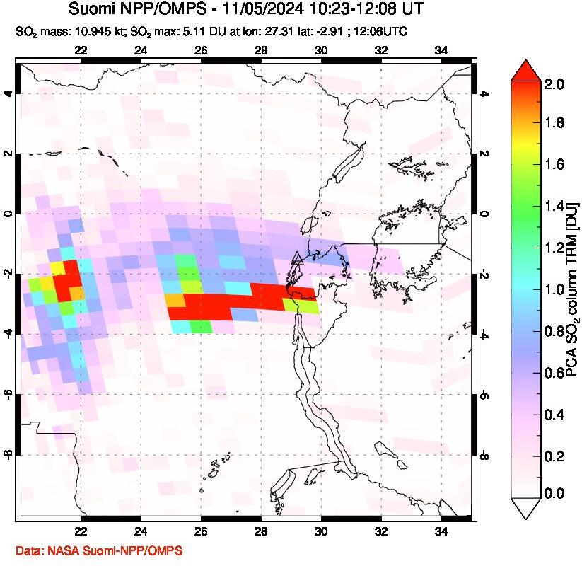 A sulfur dioxide image over Nyiragongo, DR Congo on Nov 05, 2024.