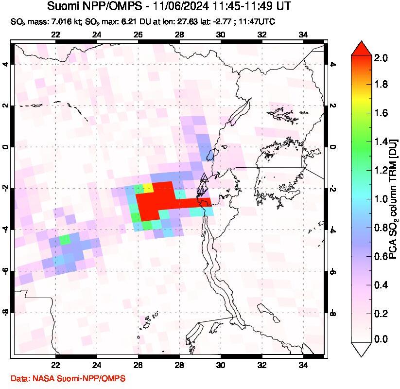 A sulfur dioxide image over Nyiragongo, DR Congo on Nov 06, 2024.