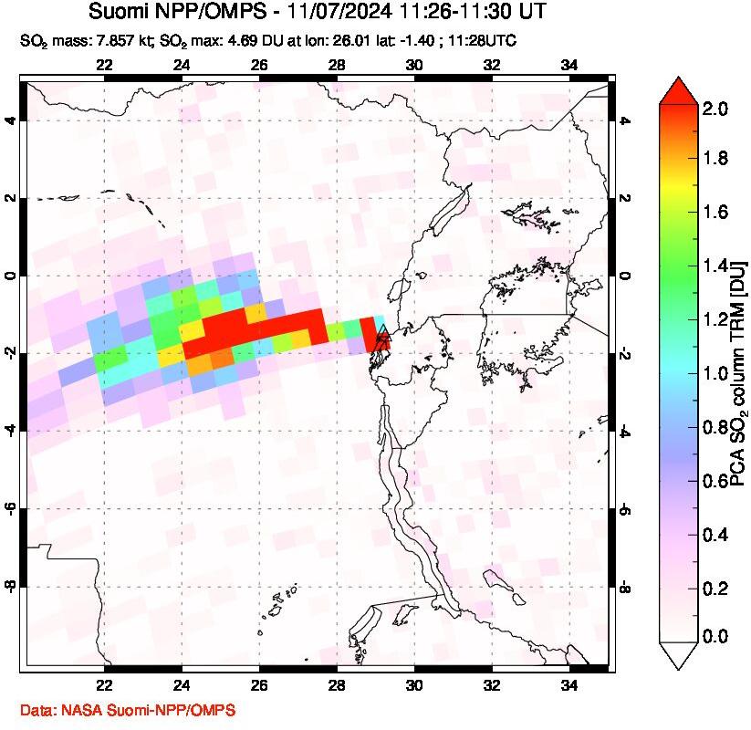 A sulfur dioxide image over Nyiragongo, DR Congo on Nov 07, 2024.