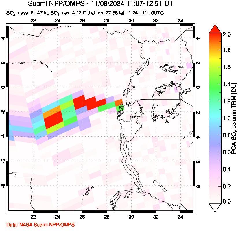 A sulfur dioxide image over Nyiragongo, DR Congo on Nov 08, 2024.