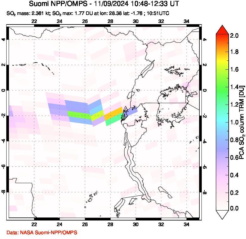 A sulfur dioxide image over Nyiragongo, DR Congo on Nov 09, 2024.