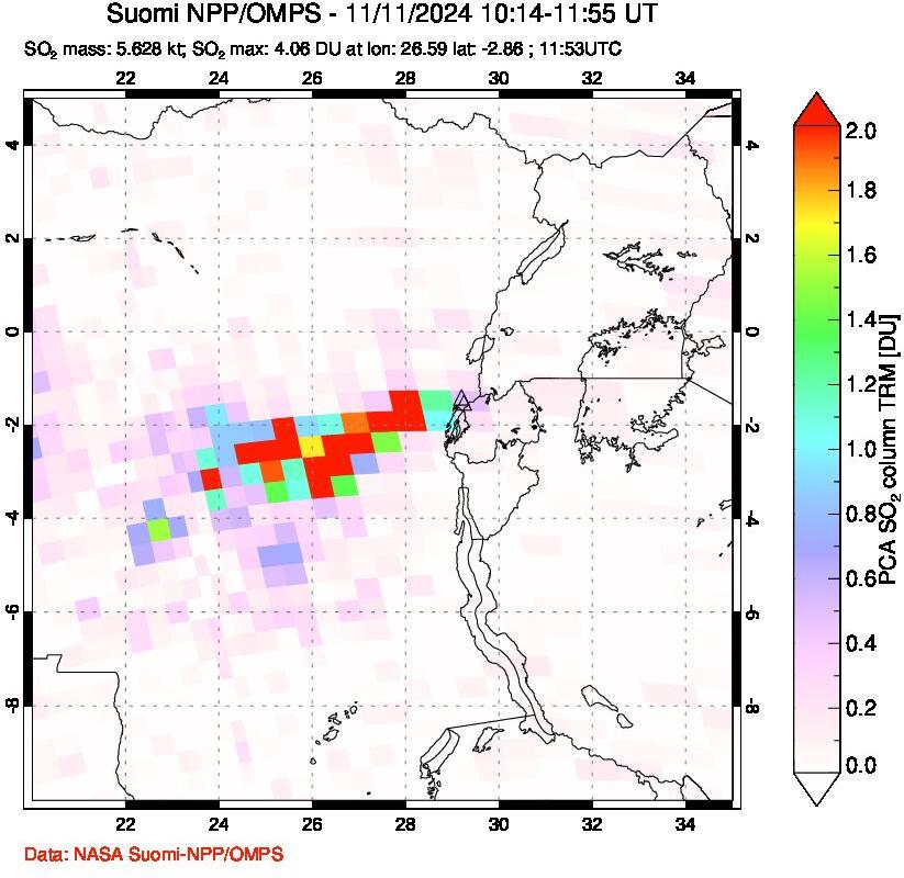 A sulfur dioxide image over Nyiragongo, DR Congo on Nov 11, 2024.