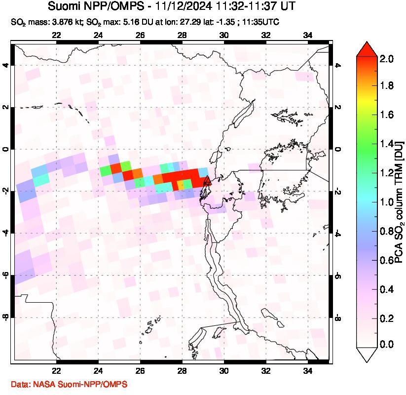 A sulfur dioxide image over Nyiragongo, DR Congo on Nov 12, 2024.