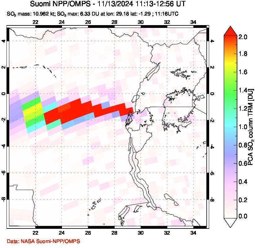 A sulfur dioxide image over Nyiragongo, DR Congo on Nov 13, 2024.