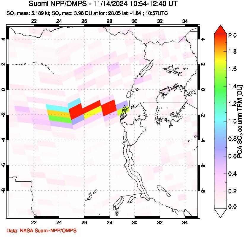 A sulfur dioxide image over Nyiragongo, DR Congo on Nov 14, 2024.