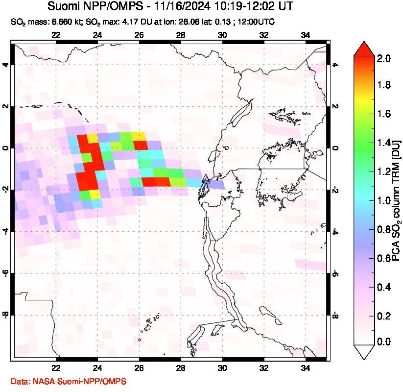 A sulfur dioxide image over Nyiragongo, DR Congo on Nov 16, 2024.