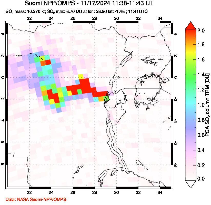 A sulfur dioxide image over Nyiragongo, DR Congo on Nov 17, 2024.