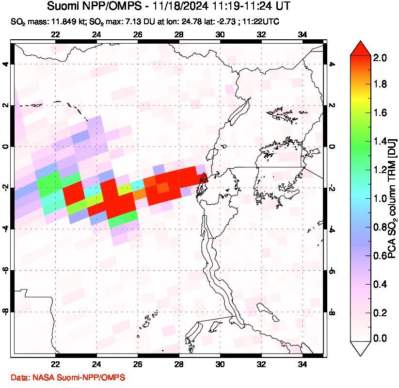 A sulfur dioxide image over Nyiragongo, DR Congo on Nov 18, 2024.