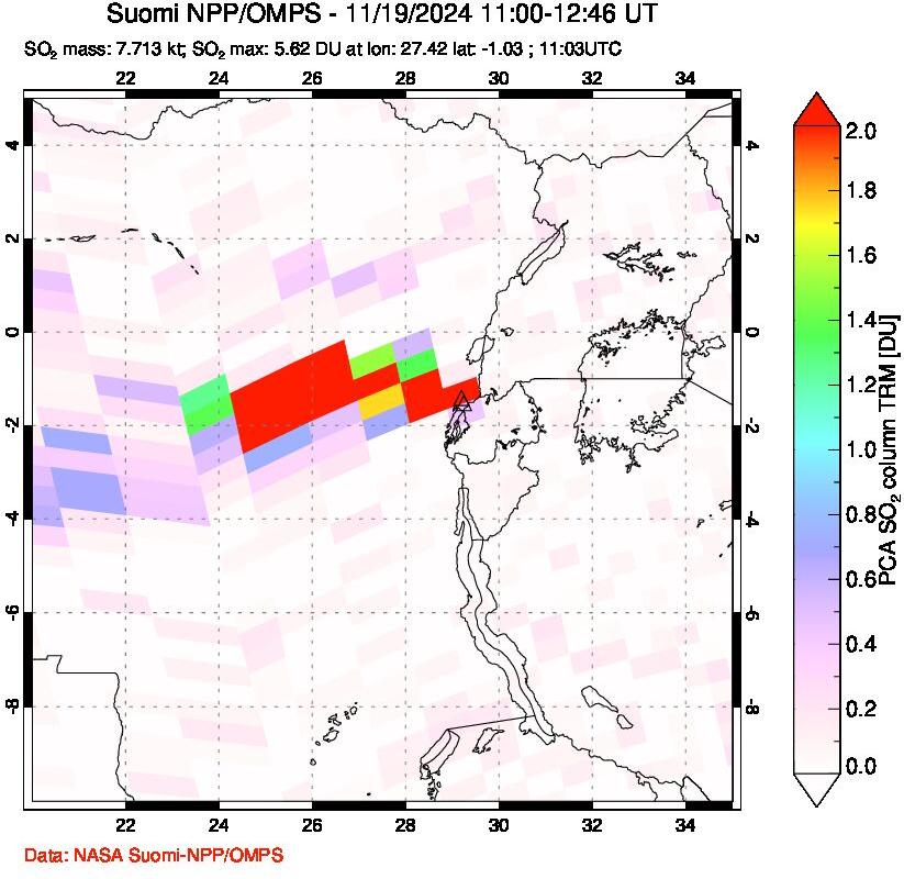 A sulfur dioxide image over Nyiragongo, DR Congo on Nov 19, 2024.