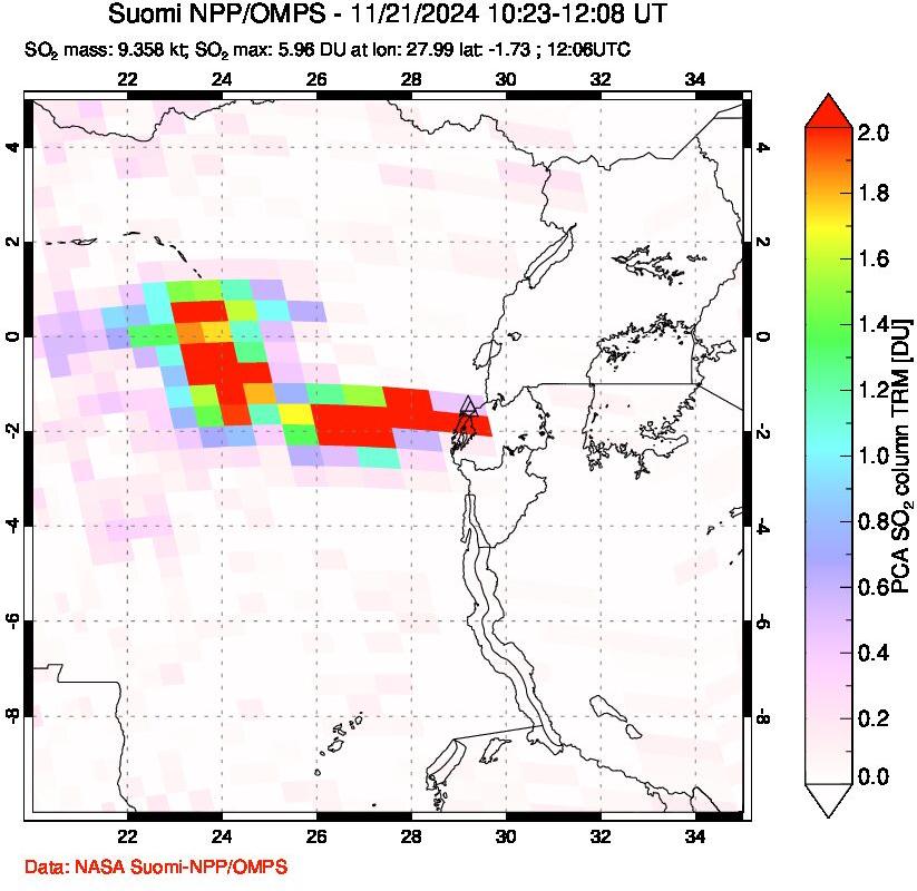 A sulfur dioxide image over Nyiragongo, DR Congo on Nov 21, 2024.