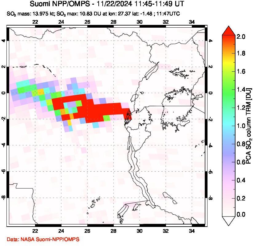 A sulfur dioxide image over Nyiragongo, DR Congo on Nov 22, 2024.