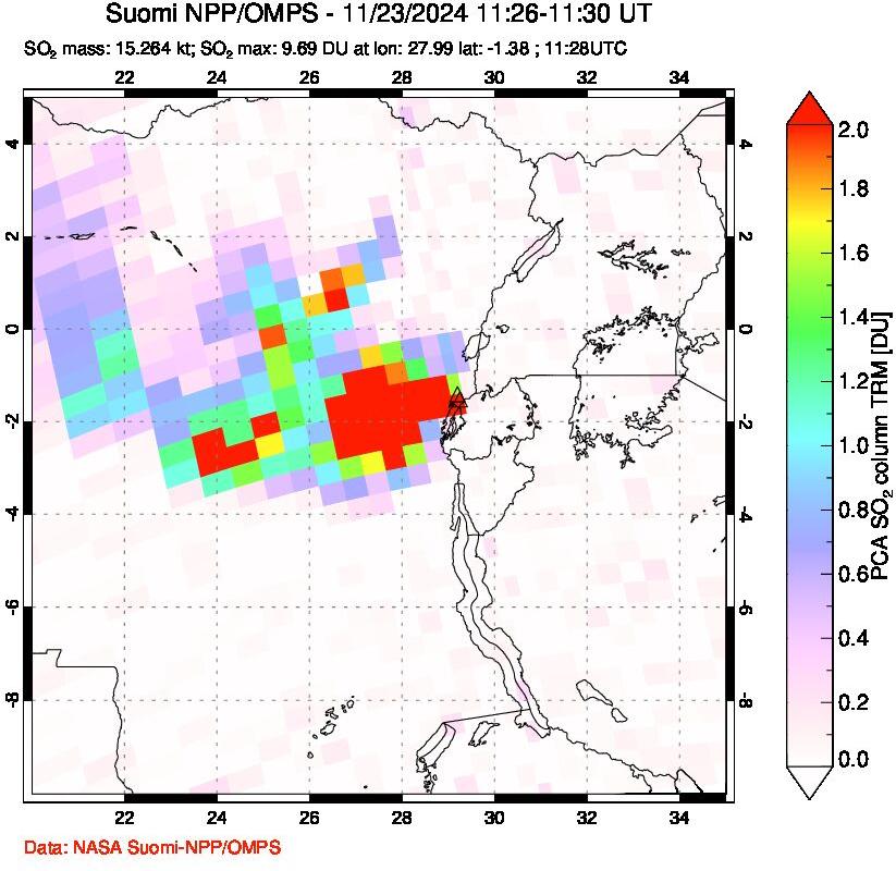 A sulfur dioxide image over Nyiragongo, DR Congo on Nov 23, 2024.