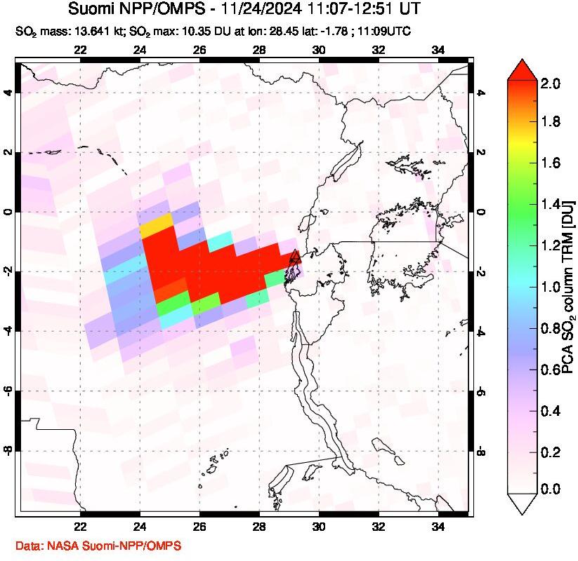 A sulfur dioxide image over Nyiragongo, DR Congo on Nov 24, 2024.